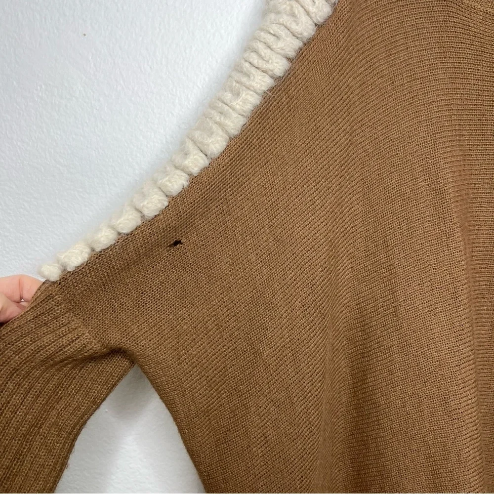 Escvdo Hand Wool Shoulder Embroidered Knit Sweater Brown Size Small